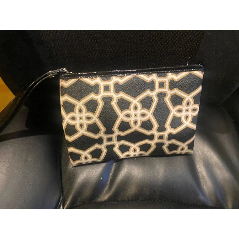 KATE SPADE IMANI MOROCCAN MARKET BLACK WHITE TAN WRISTLET POUCH CLUTCH BAG‎